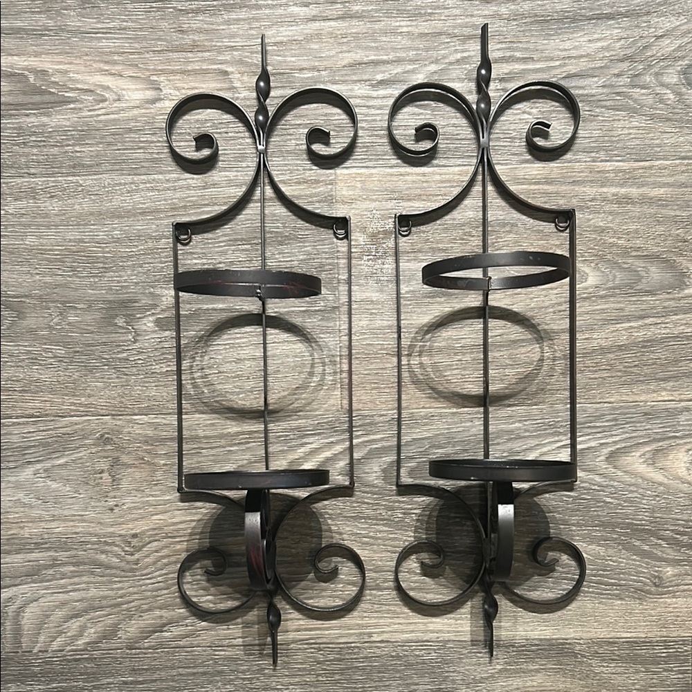 Set Gothic Spanish Revival Black Metal Wall Candle Holder 20.5 Rustic Scroll Y2K